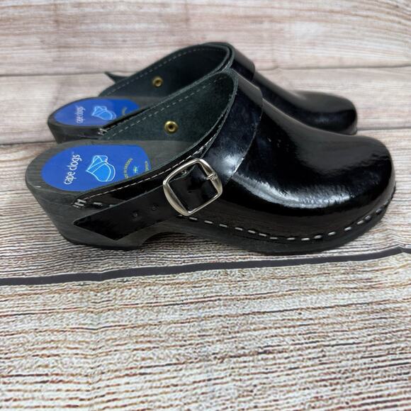 Torpatoffeln Black Patent Leather Cape Clogs Mules Size 36 (5.5/6) Wooden Heel - Picture 7 of 16